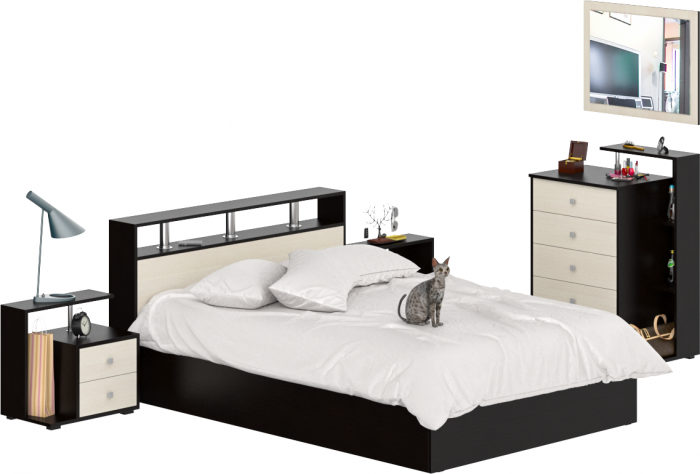 Камелия спальня № 5 Кровать 1400 + Две тумбы + Комод + Зеркало, венге/дуб лоредо