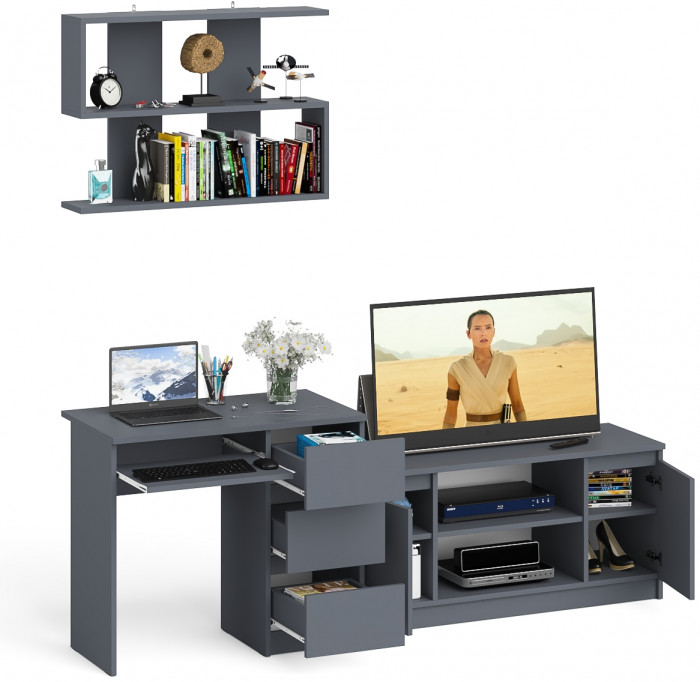 Мори компьютерный стол МС-6 правый + Тумба МТВ1200.1 + Полка 900, графит